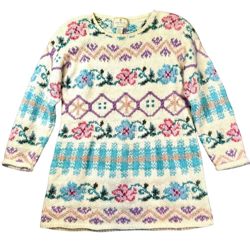 Vintage Angora Silk Blend Sweater Floral Hand Knit Soft Cozy Women Medium Granny
